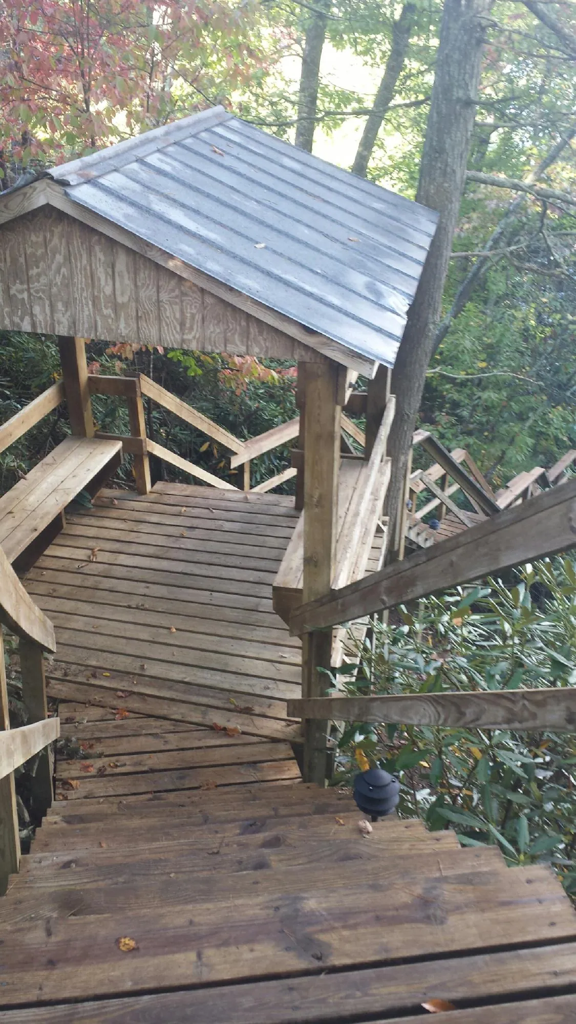 Metal roofed shelter over wooden steps on a wooded walkway — Skylight Repair & Installation work by our crew in Fountain Inn